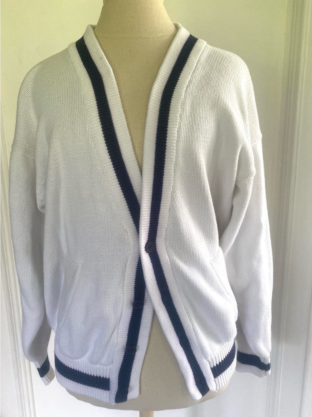 GAP White Cardigan with Navy Stripe Trim 100% Cotton Varsity Sweater